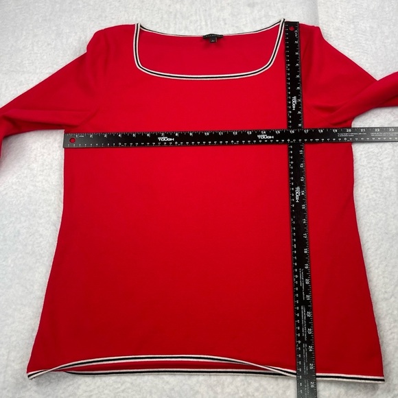 Talbots Sweater Women Large Red Fine Knit Black Stripe Pearl Button Trim Stretch - Picture 5 of 12